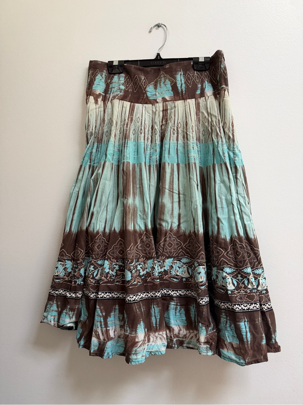 Vintage Y2K Marciano Brown and Aqua Tiered Boho Midi Skirt